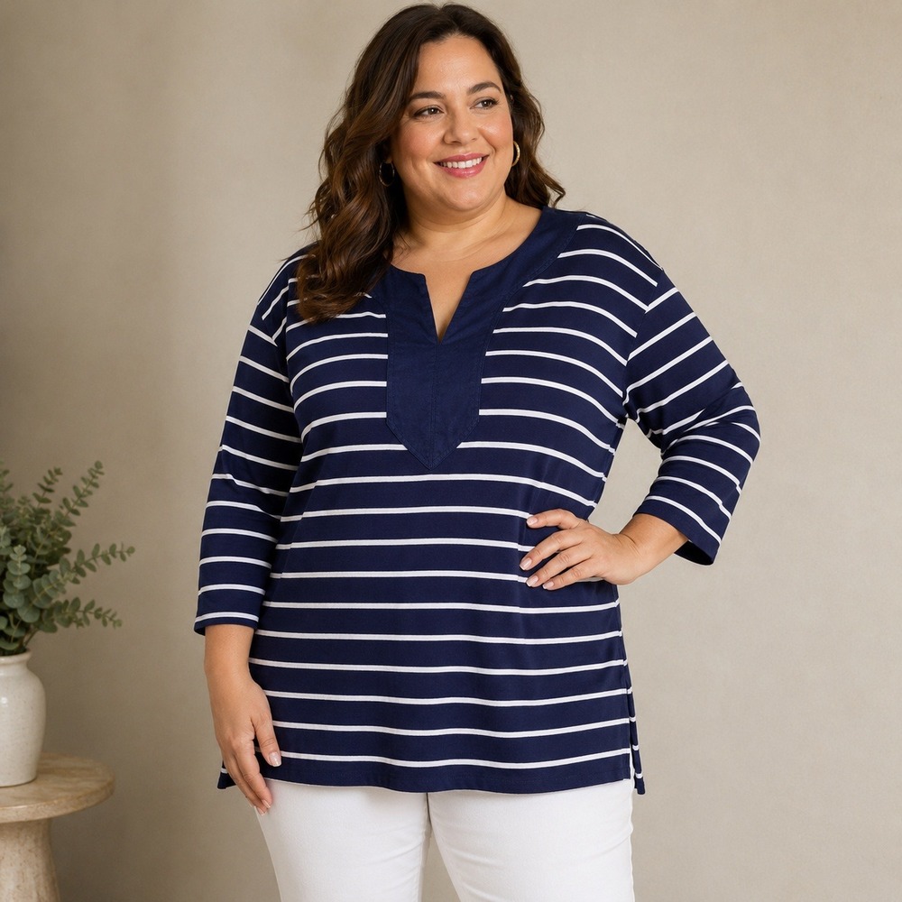 Lauren Ralph Lauren Navy White Striped Cotton Split Neck Tunic Top 3X Plus Size